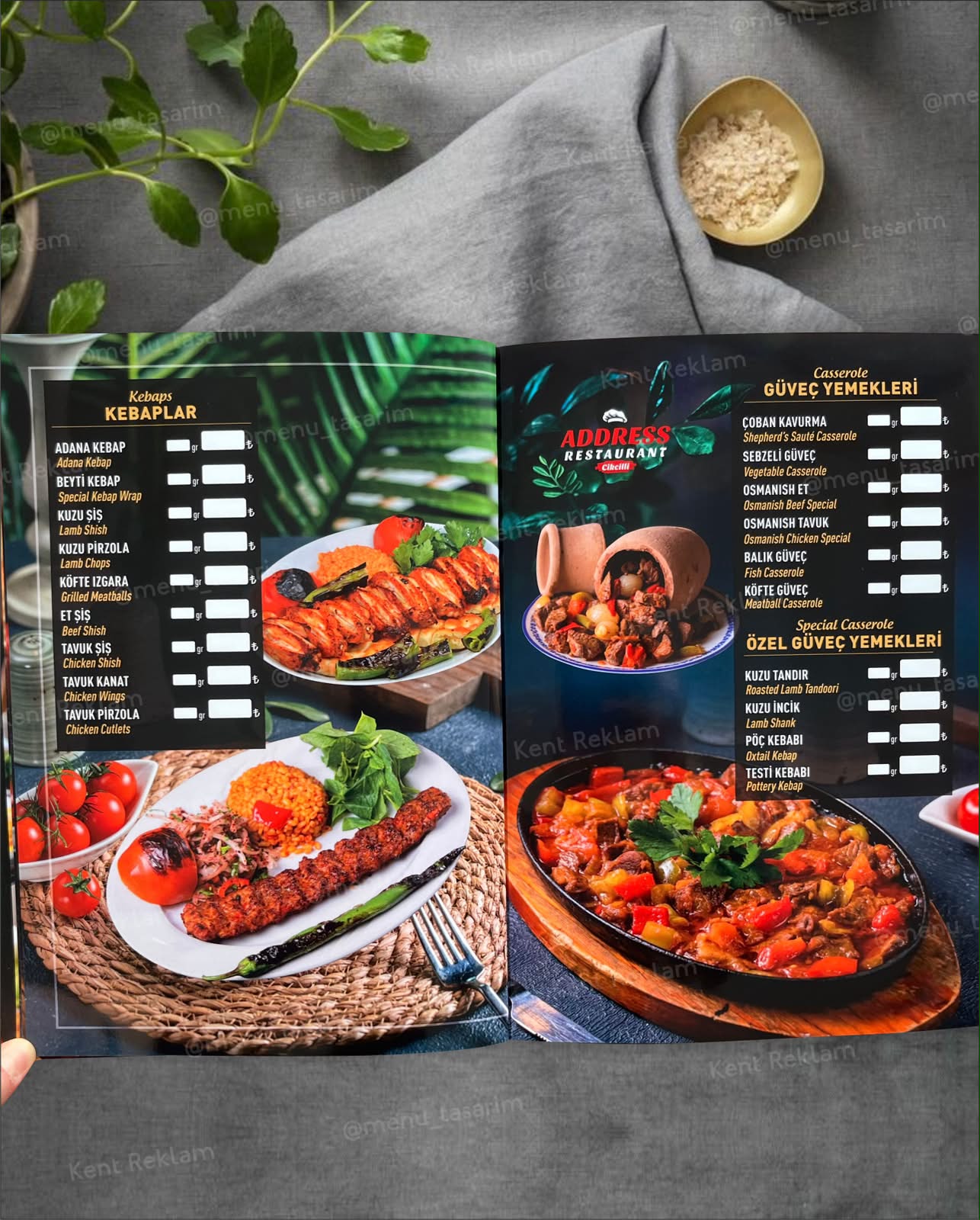 ADDRESS RESTAURANT ALANYA kurumsal restoran cafe menü tasarımı ve baskısı